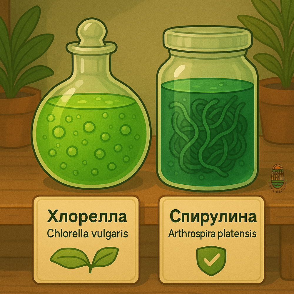 На столе между цветочными горшками стоят стеклянные сосуды с хлореллой и спирулиной