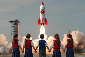 Школьники, взявшись за руки, провожают улетающую ракету