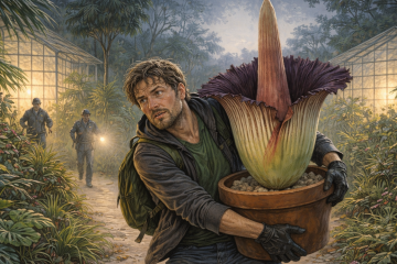 Молодой человек убегает, держа в руках большой тяжелый горшок с трапическим растением. Его преследуют сотрудники ботанического сада