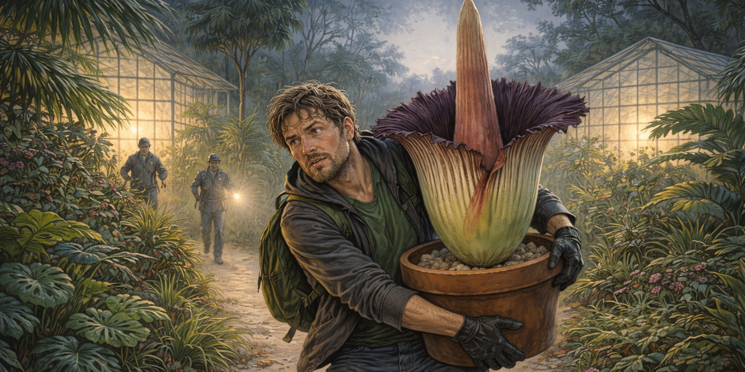 Молодой человек убегает, держа в руках большой тяжелый горшок с трапическим растением. Его преследуют сотрудники ботанического сада