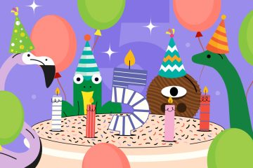 нарисованные животные за праздничным тортом в окружении воздушных шаров