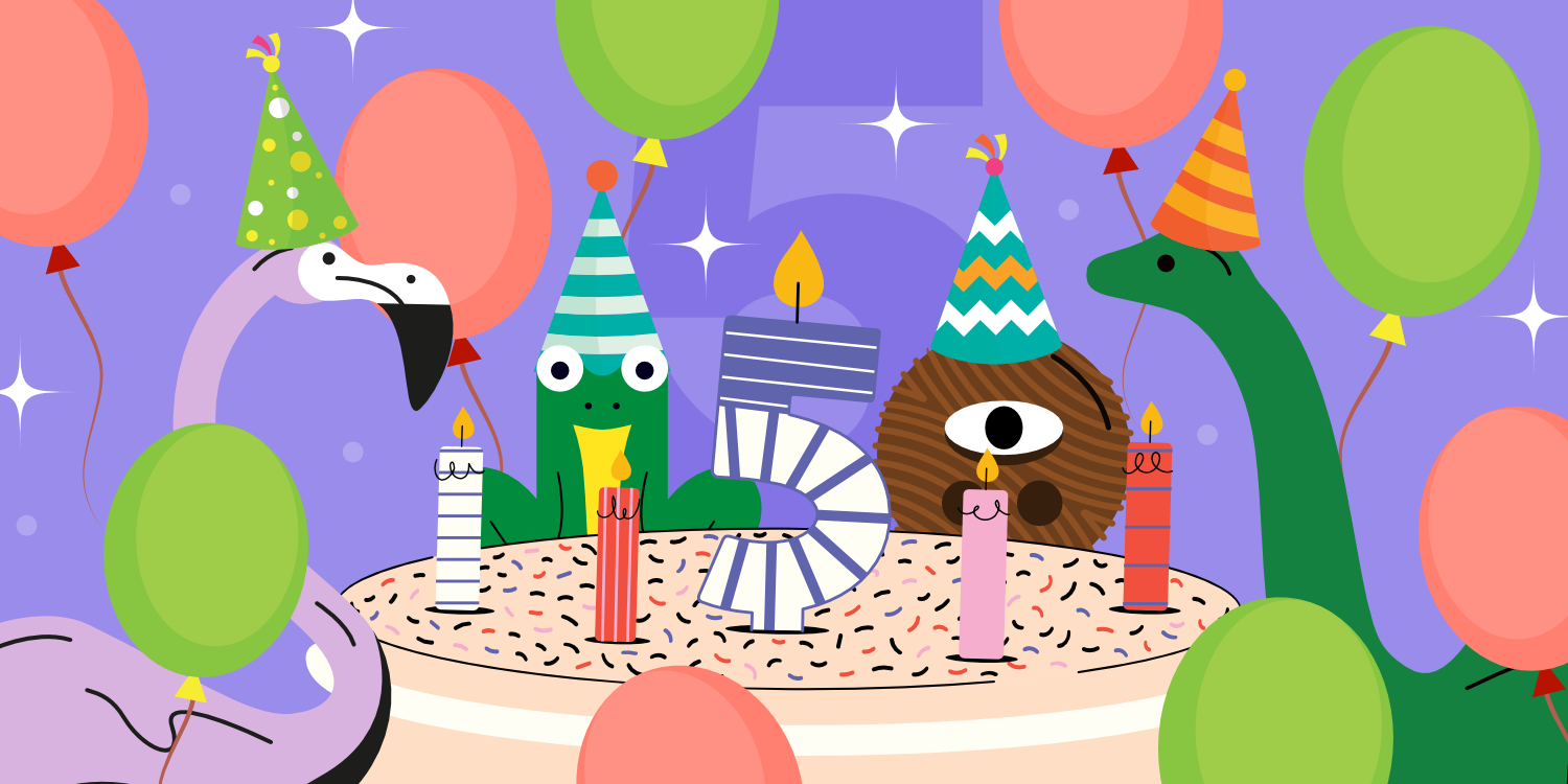 нарисованные животные за праздничным тортом в окружении воздушных шаров