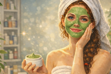 Девушка наносит на лицо зелёный крем