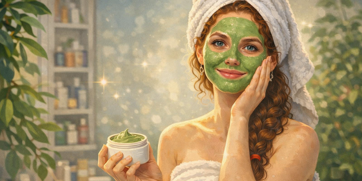 Девушка наносит на лицо зелёный крем