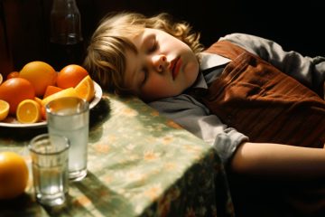 Мальчик спит. Рядом на столе стоит тарелка с апельсинами и лимонами и стакан с водой