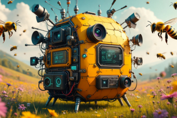 На лугу с цветами стоит жёлтый современный улей с видео-камерами, датчиками, антеннами. Вокруг летают пчёлы