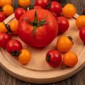 На круглой деревянной разделочной доске лежит крупный спелый красный помидор и много маленьких красных и жёлтых томатов