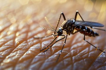 Комар сидит на коже человека. Макроизображение