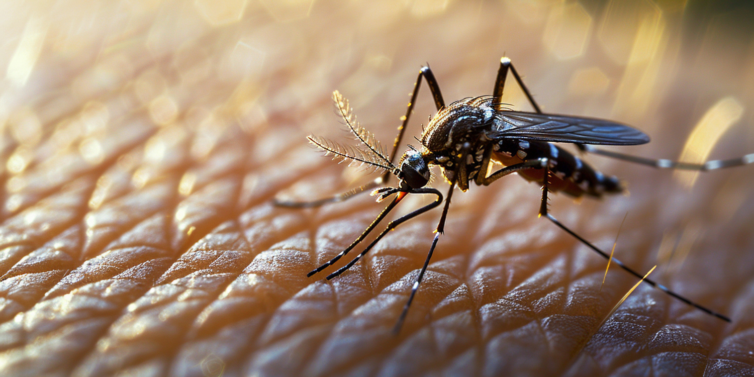 Комар сидит на коже человека. Макроизображение