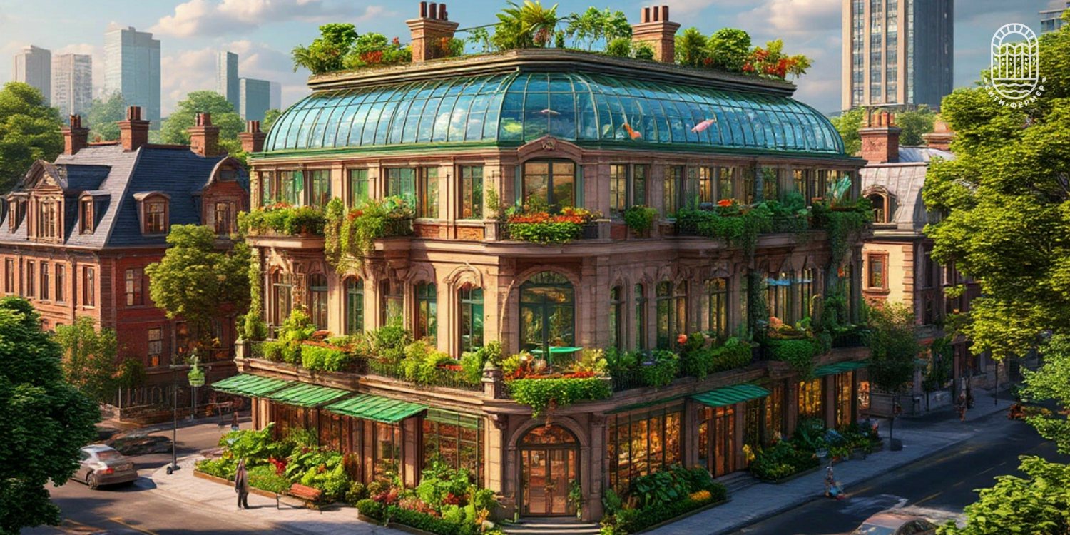 На крыше большого красивого здания огромный стеклянный аквариум с рыбами и сад