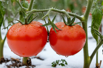 растение томата с большими сочными помидорами, растёт в снегу