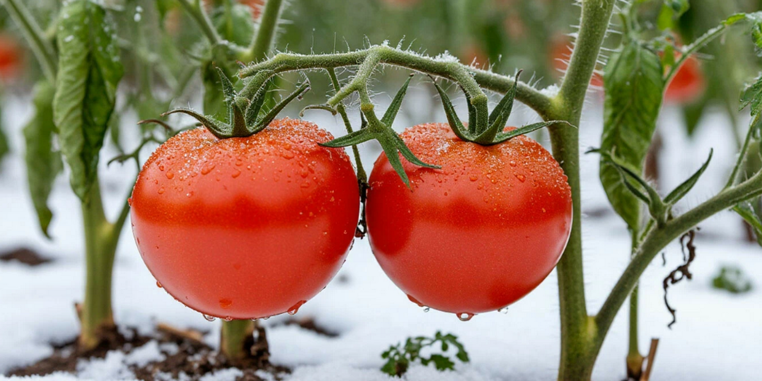 растение томата с большими сочными помидорами, растёт в снегу