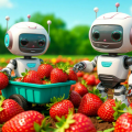 Три милых робота собирают в тележку ягоды на клубничном поле