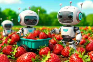 Три милых робота собирают в тележку ягоды на клубничном поле
