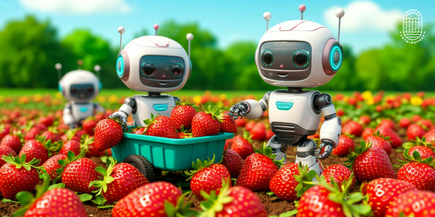 Три милых робота собирают в тележку ягоды на клубничном поле