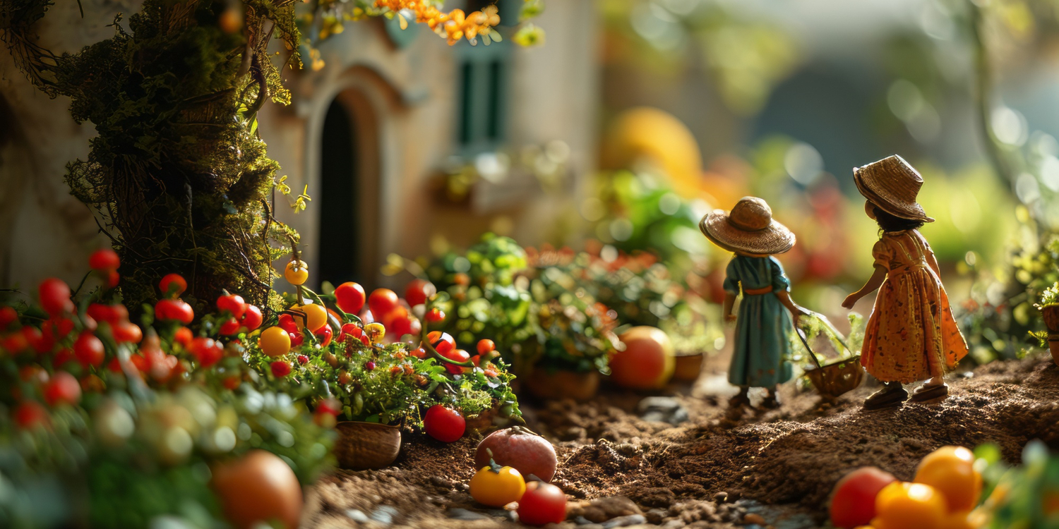 Игрушечный домик, передним - растения в миниатюрных горшочках и помидорки. Стоят две куклы