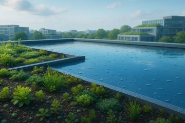Бассейн с водой на крыше здания, рядом растут пышные кусты