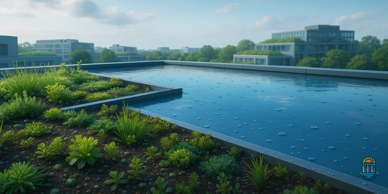 Бассейн с водой на крыше здания, рядом растут пышные кусты