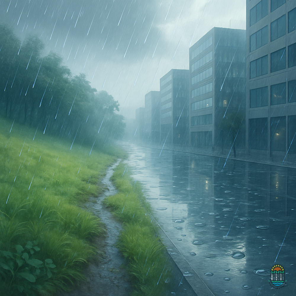 С одной стороны улицы стоят дома, с другой - парк. Идёт дождь