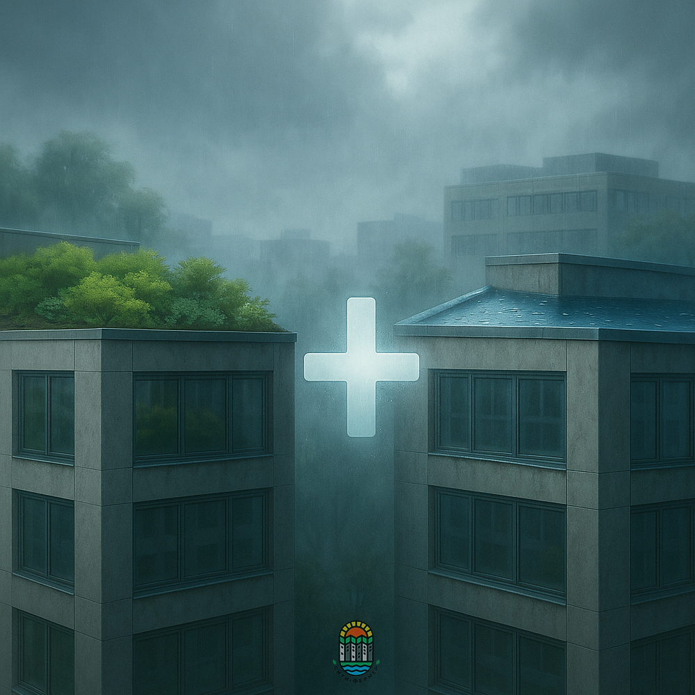 Слева дом с зелёной крышей - на нем растут деревья и кустарники, справа обычное здание.