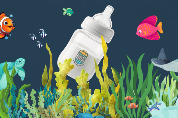 Дно моря. Много красочных рыбок и водорослей. И бутылочка с детским питанием