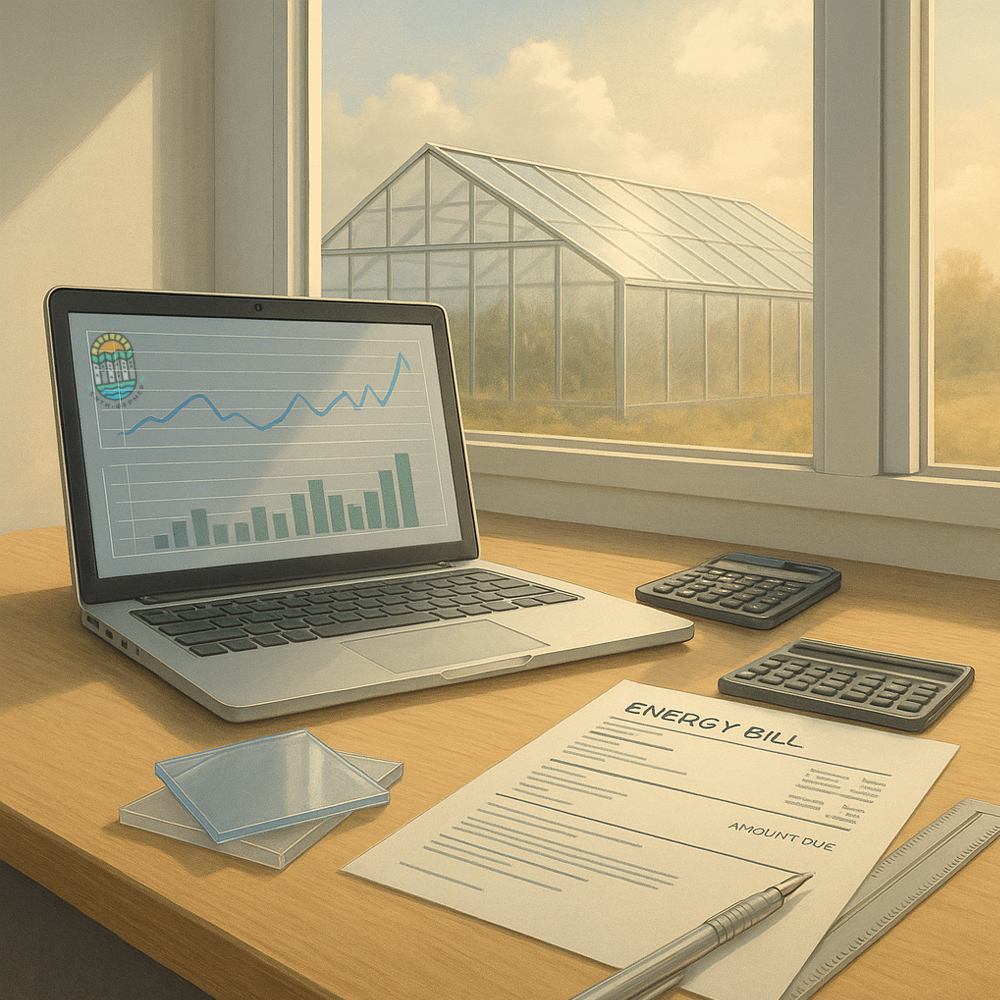 На столе стоит ноутбук, лежат образцы стекла, калькуляторы, рабочие бумаги, линейка и ручка. За окном виднеется теплица