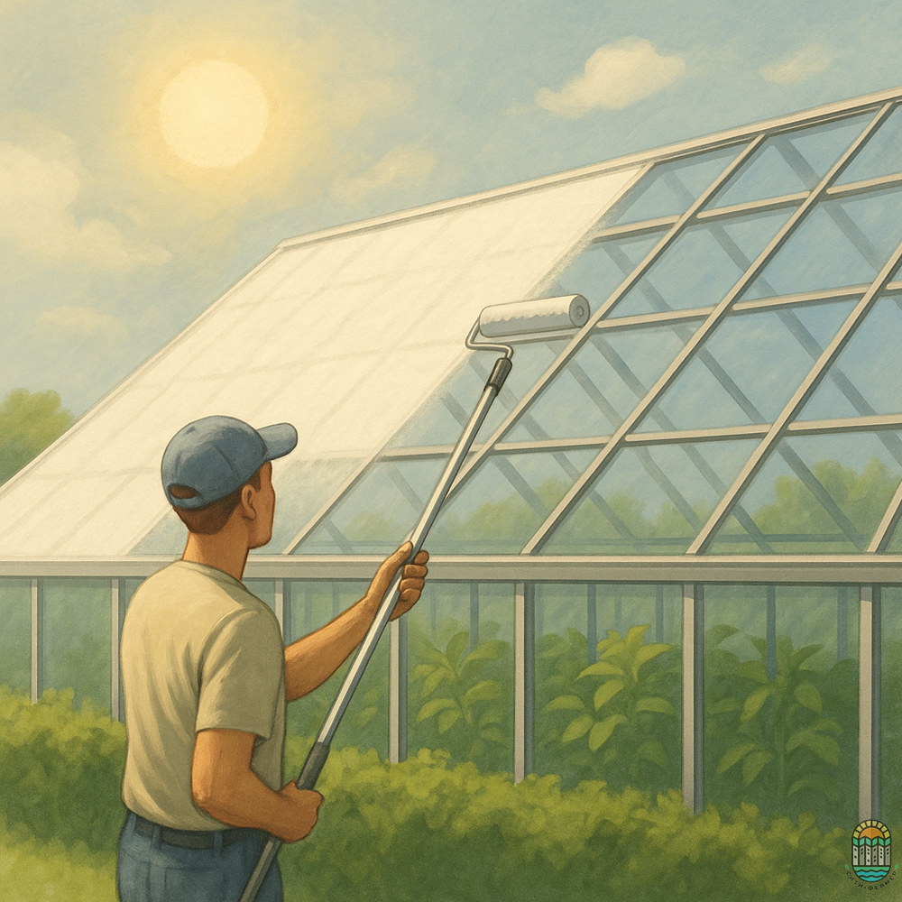 Мужчина валиком наносит специальное покрытие на теплицу