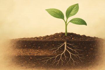 растение с тремя листьями растёт в грунте.