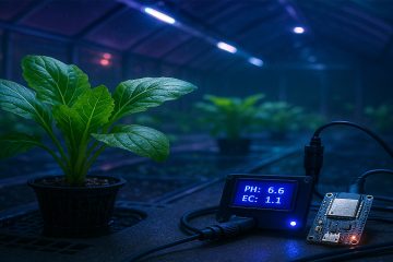 Растения в гидропонной установке. Рядом лежит контроллер pH и EC