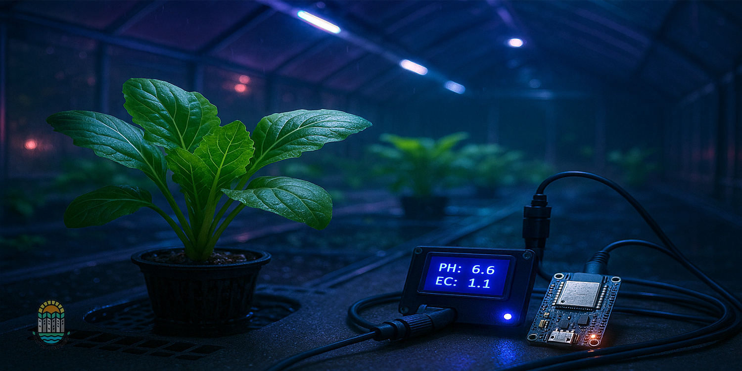 Растения в гидропонной установке. Рядом лежит контроллер pH и EC