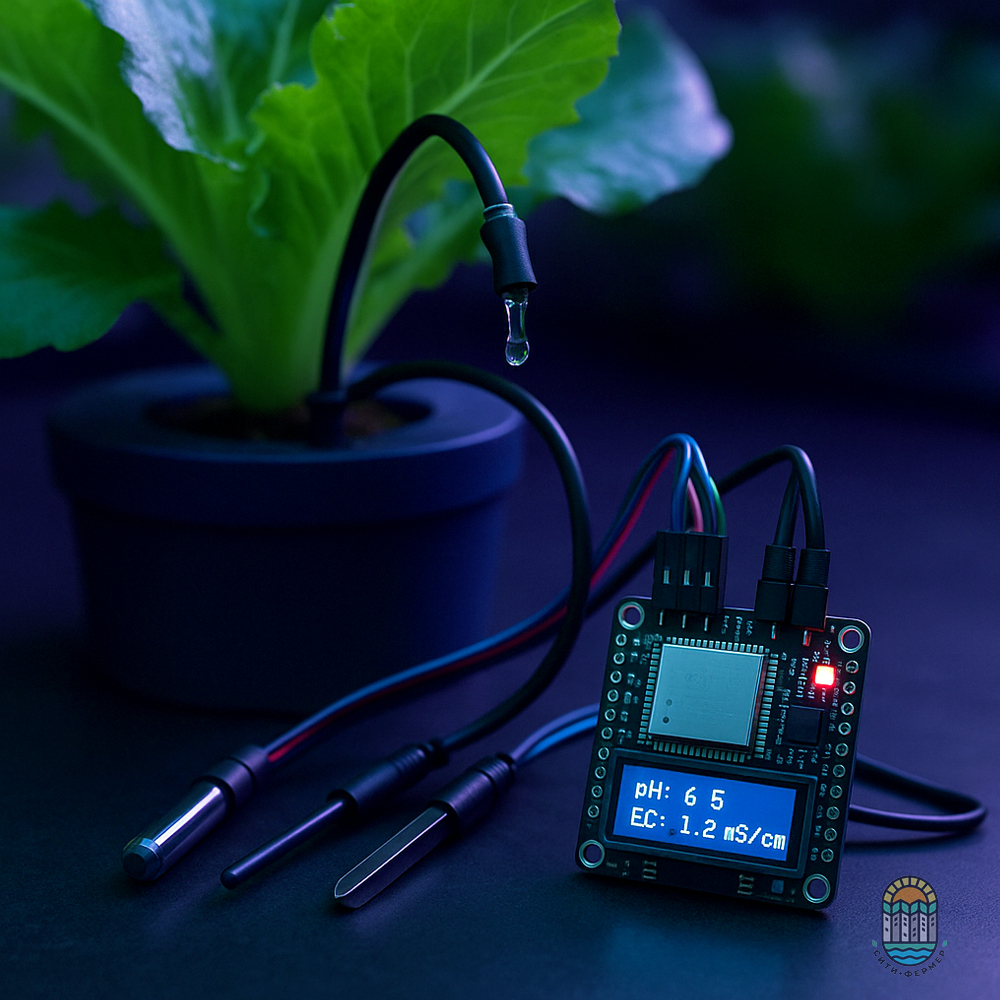Микроконтроллер pH и EC лежит рядом с растущим растением
