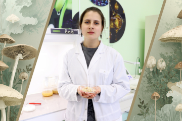 Молодая девушка в белом халате стоит в лаборатории. в руках она держит чашку Петри с чипсами из грибов