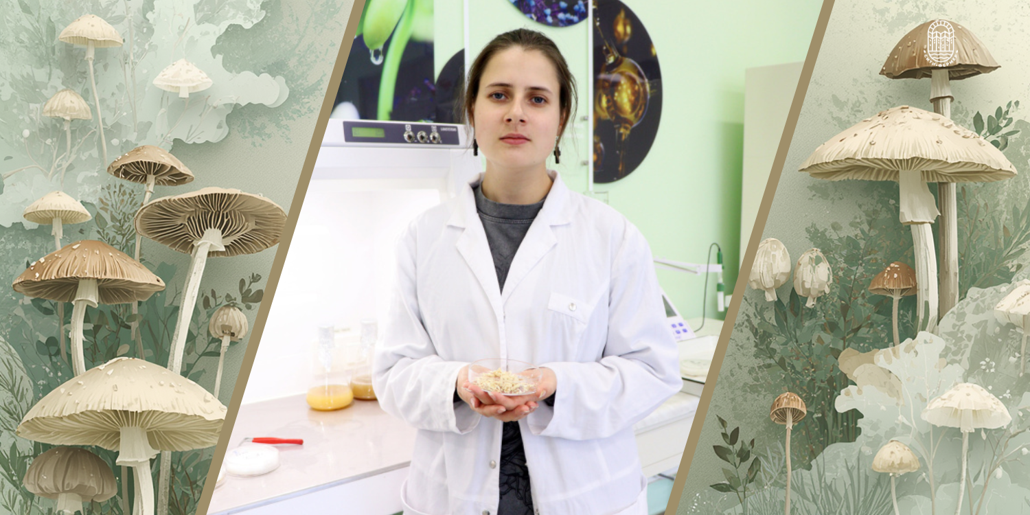 Молодая девушка в белом халате стоит в лаборатории. в руках она держит чашку Петри с чипсами из грибов