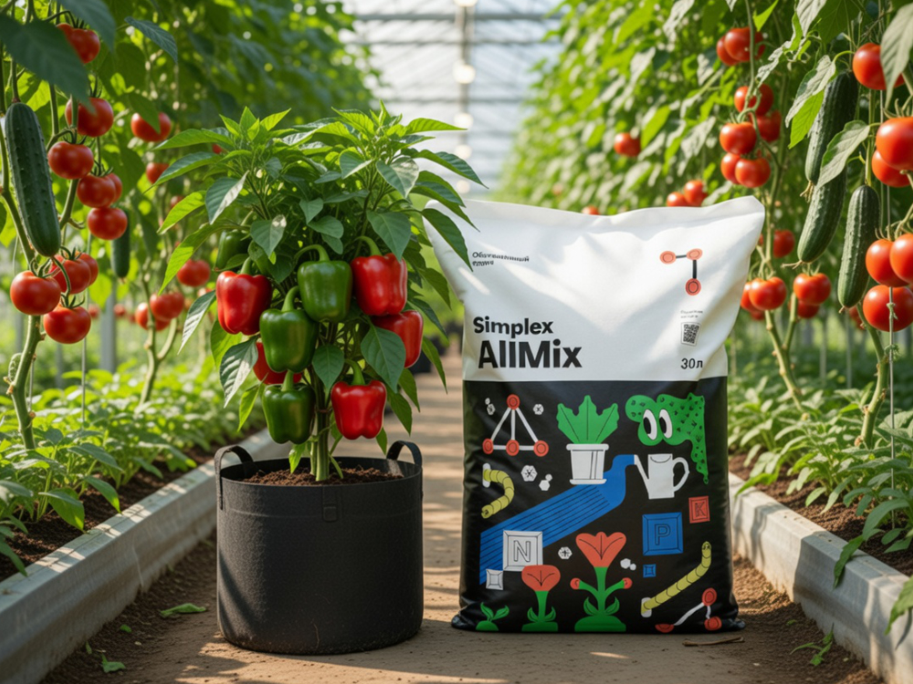 В большой теплице растут помидоры и огурцы. В проходе стоит гроубэг с кустом перца - на нём красные и зелёные плоды. А рядом стоит мешок с субстратом