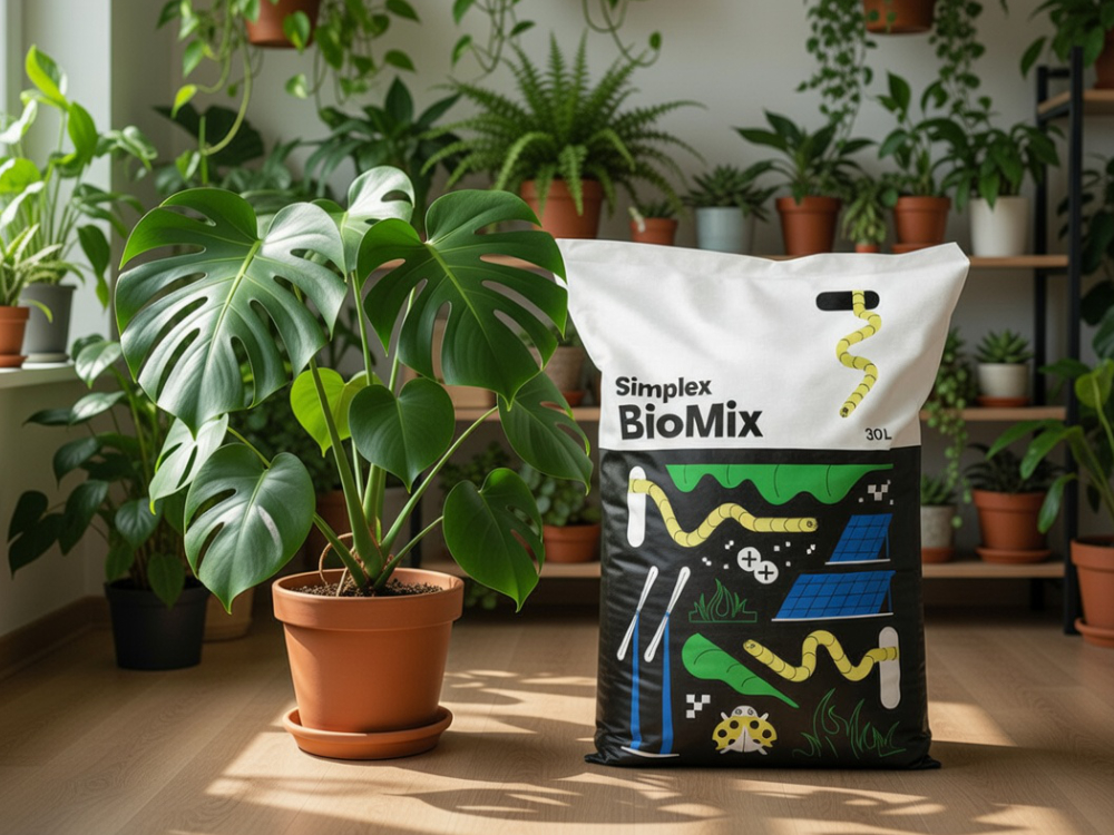 В комнате много растений в горшках: монстера, папоротник, плющ. На полу стоит горшок с монстерой и большой мешок с субстратом