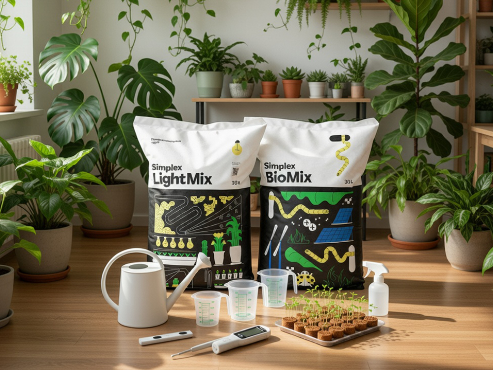 В комнате много растений в горшках: монстера, филодендрон, фикус, лианы, они стоят на полу, на подоконнике, на стеллаже, на столе. На полу стоит два мешка с субстратами, лейка, пульверизатор, мерные стаканы, поднос с рассадой в торфяных таблетках