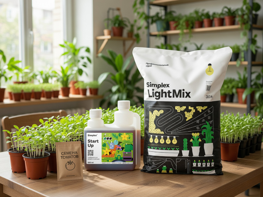 В комнате много растений в горшках. Они стоят на подоконнике, на стеллаже, на полках, на полу. В центре комнаты стоит стол. На нем стоят горшочки с рассадой, мешок субстрата, бутылка с удобрением и пакетик семян томатов