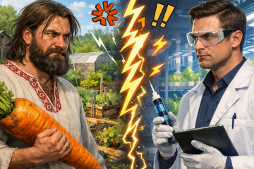 Деревенский мужик с огромной морковью против учёного в белом халате со шприцем