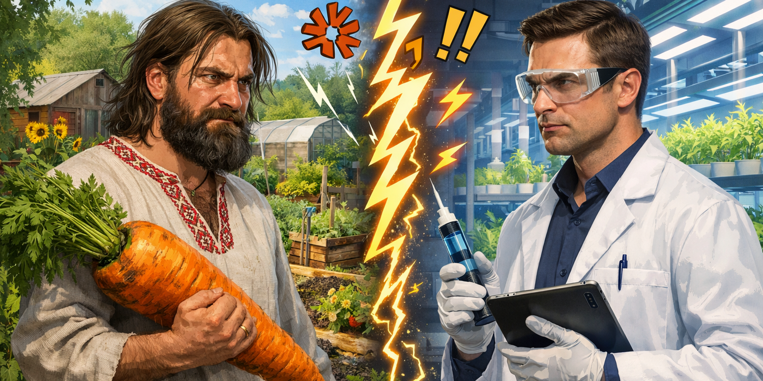Деревенский мужик с огромной морковью против учёного в белом халате со шприцем
