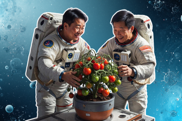 Два радостных китайских космонавта стоят у стола и смотрят на большой куст помидоров с красными и зелёными плодами, растущий в горшке.