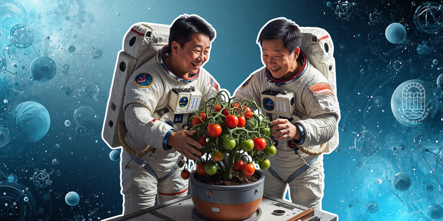 Два радостных китайских космонавта стоят у стола и смотрят на большой куст помидоров с красными и зелёными плодами, растущий в горшке.