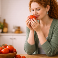 Молодая рыжеволосая женщина сидить на кухне. рядом с ней на столе стоит деревянная миска с помидорами и пакет с попкорном. Девушка держит в руках помидор и нюхает его