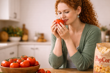 Молодая рыжеволосая женщина сидить на кухне. рядом с ней на столе стоит деревянная миска с помидорами и пакет с попкорном. Девушка держит в руках помидор и нюхает его