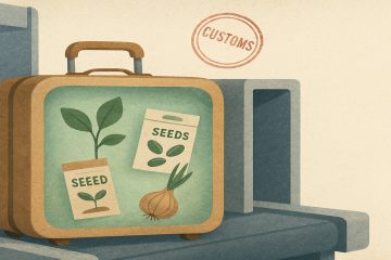 В аэропорту на ленте конвейера стоит чемодан с семенами и луковицей внутри