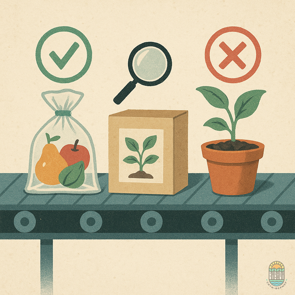 На ленте конвейера стоит полиэтиленовый прозрачный пакет с фруктами: яблоком и грушей, коробка, на которой нарисовано растение и горшок с комнатным растением