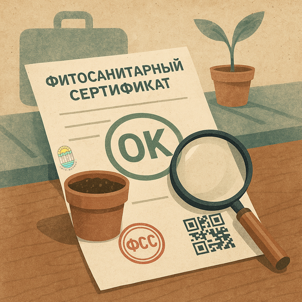 На столе лежит фитосанитарный сертификат, цветочный горшок с землёй и лупа. На заднем плане - лента конвейера, по которой едет чемодан и растение в горшке