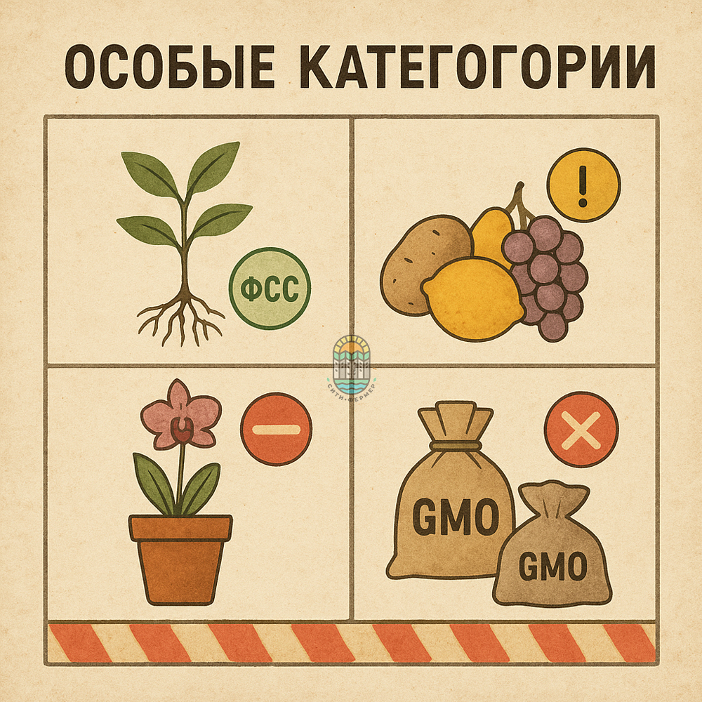 Растение с корнями, овощи и фрукты (картошка, лимон, виноград), цветущая орхидея, два мешка с ГМО