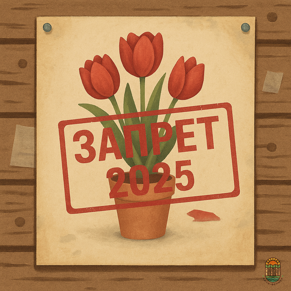 На стене висит плакат: на нем нарисован цветочный горшок с тремя цветущими тюльпанами и надпись "Запрет 2025"