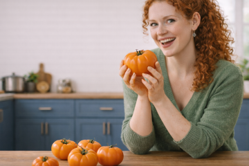 Девушка сидит за кухонным столом и держит в руках оранжевый помидор