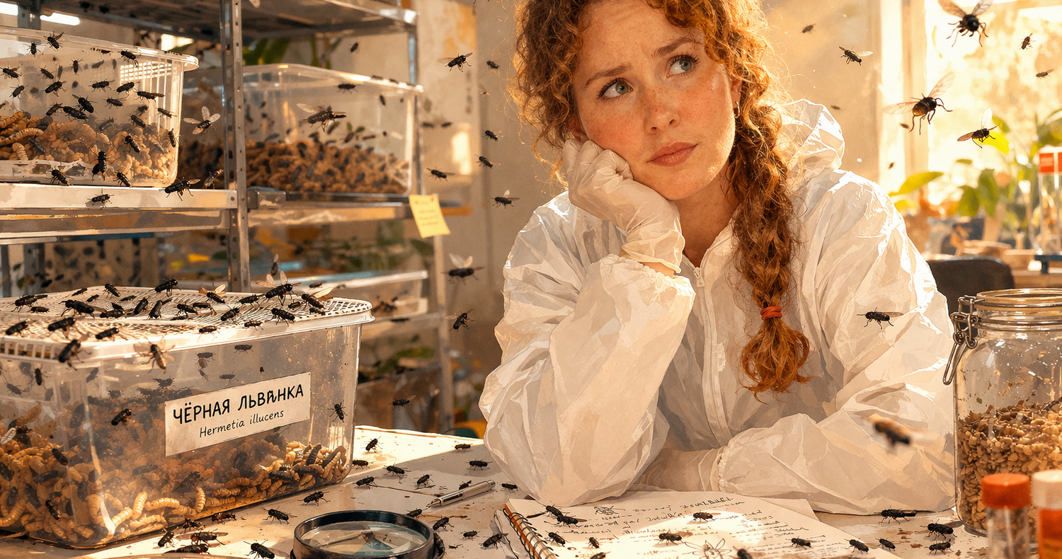 Женщина в белом защитном кастюме в задумчивости сидит в лаборатории. Вокруг летают мухи чёрная львинка